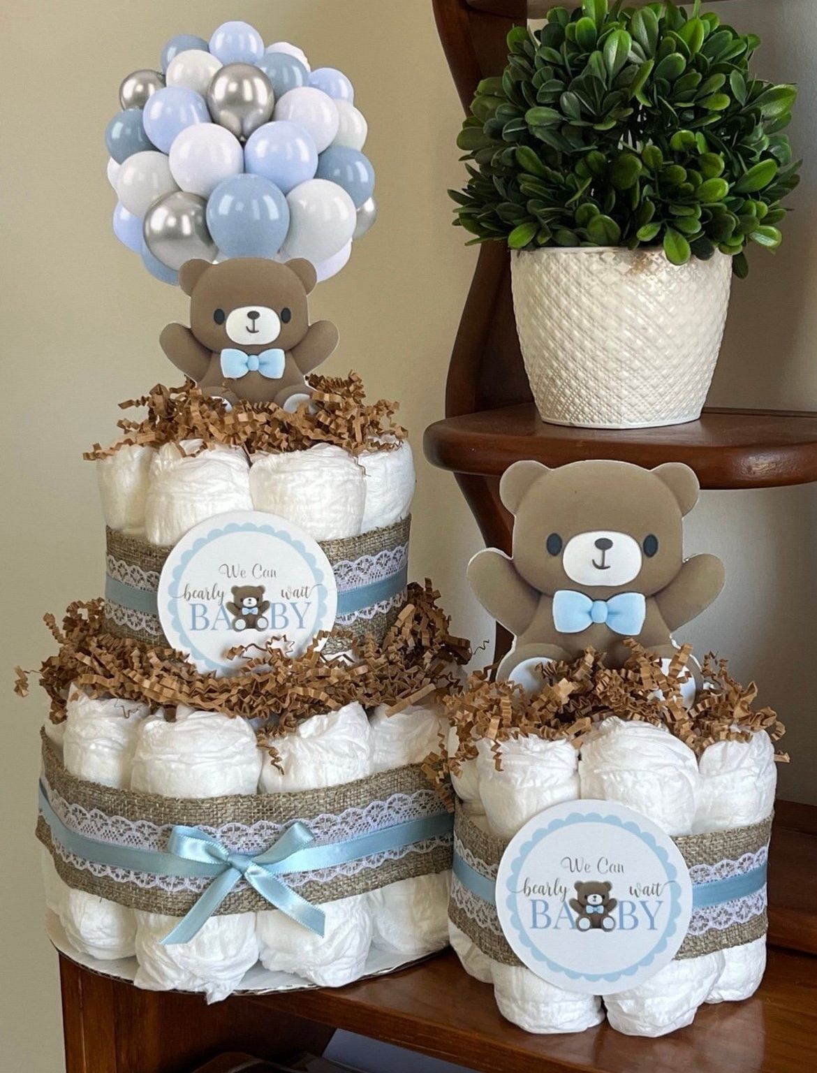 2 BLUE BALLOON BEAR baby shower diaper cakes