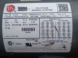 U.S. Motors 7915VP - 3HP 1725RPM 230/460VW 3PH RGD 56HZ ODP 4P MOTOR