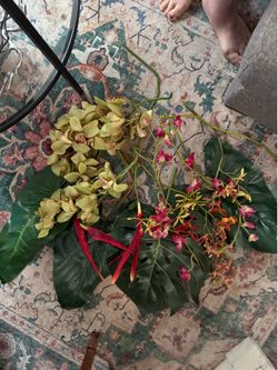 Bag of Assorted Artificial Tropical Flowers, Orchids and Large Leaves