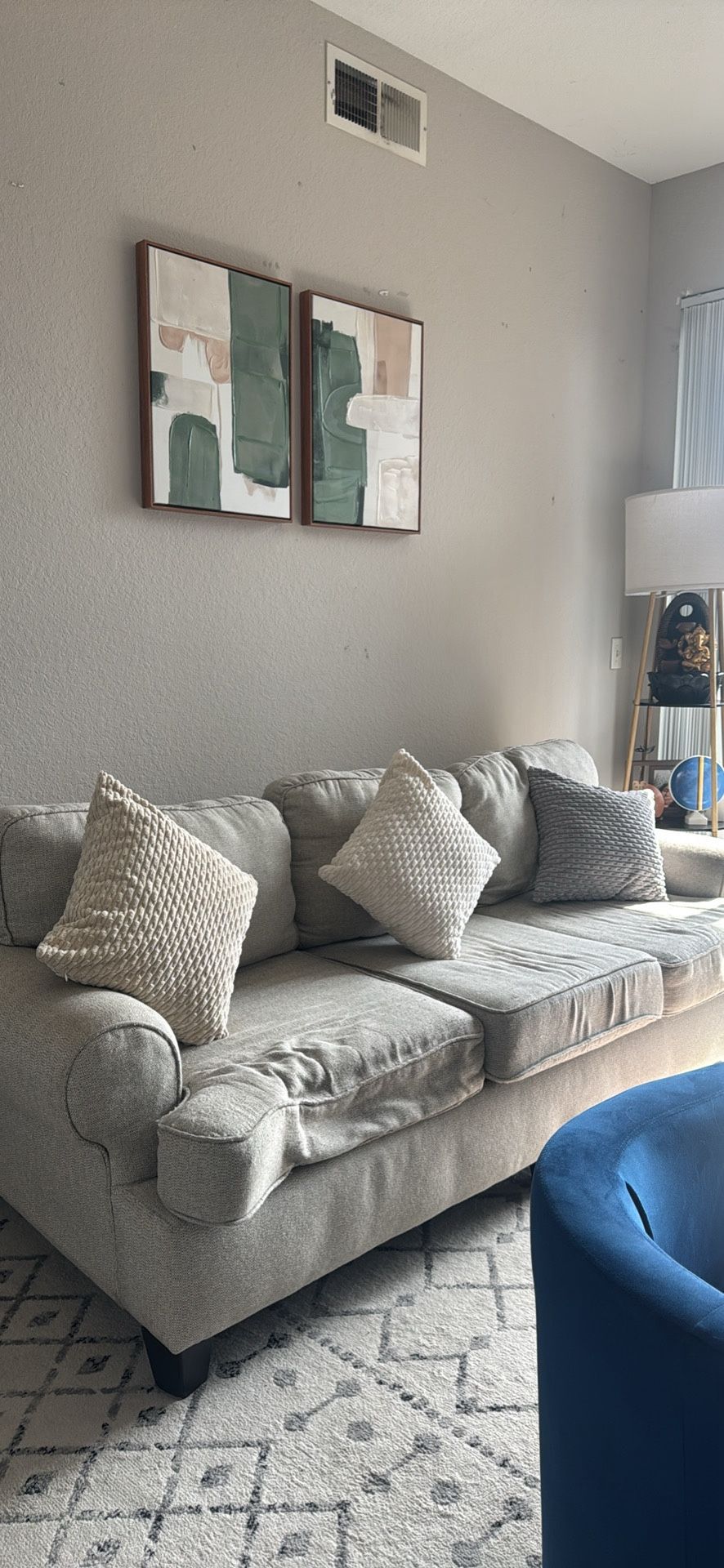 Light Gray Fabric Sofa- 3 seater needs minor repair