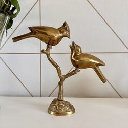 Vintage Brass Birds Perched On A Branch Sculpture Art 