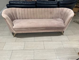Pink Velvet Channel Tufted Sofa Gold Legs