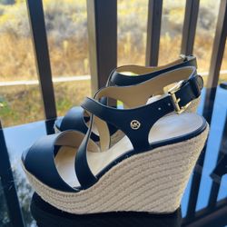 Michael Kors Martyna Navy Leather Wedge Heeled Sandal