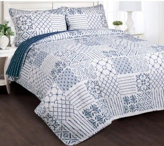 Lush Decor King Monique 3 Piece Blue Quilt Set Reversible Patchwork Pattern