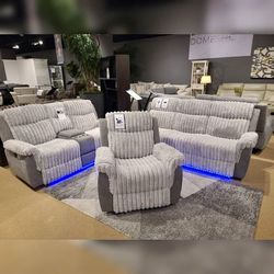 3 Pieces gray color manual reclining sofa set
