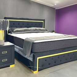 Black Velvet Tufted Design Bedroom Furniture ⭐ Queen Size Bed 🛏️ Dresser, Mirror, Nightstand, Mattress Available 