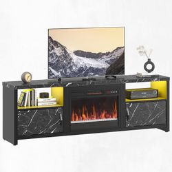 Bestier 70" Electric Fireplace TV Stand for TVs Up to 75", Modern Entertainment Center with Storage Cabinets, LED Lights, Open Shelves and Cable Holes