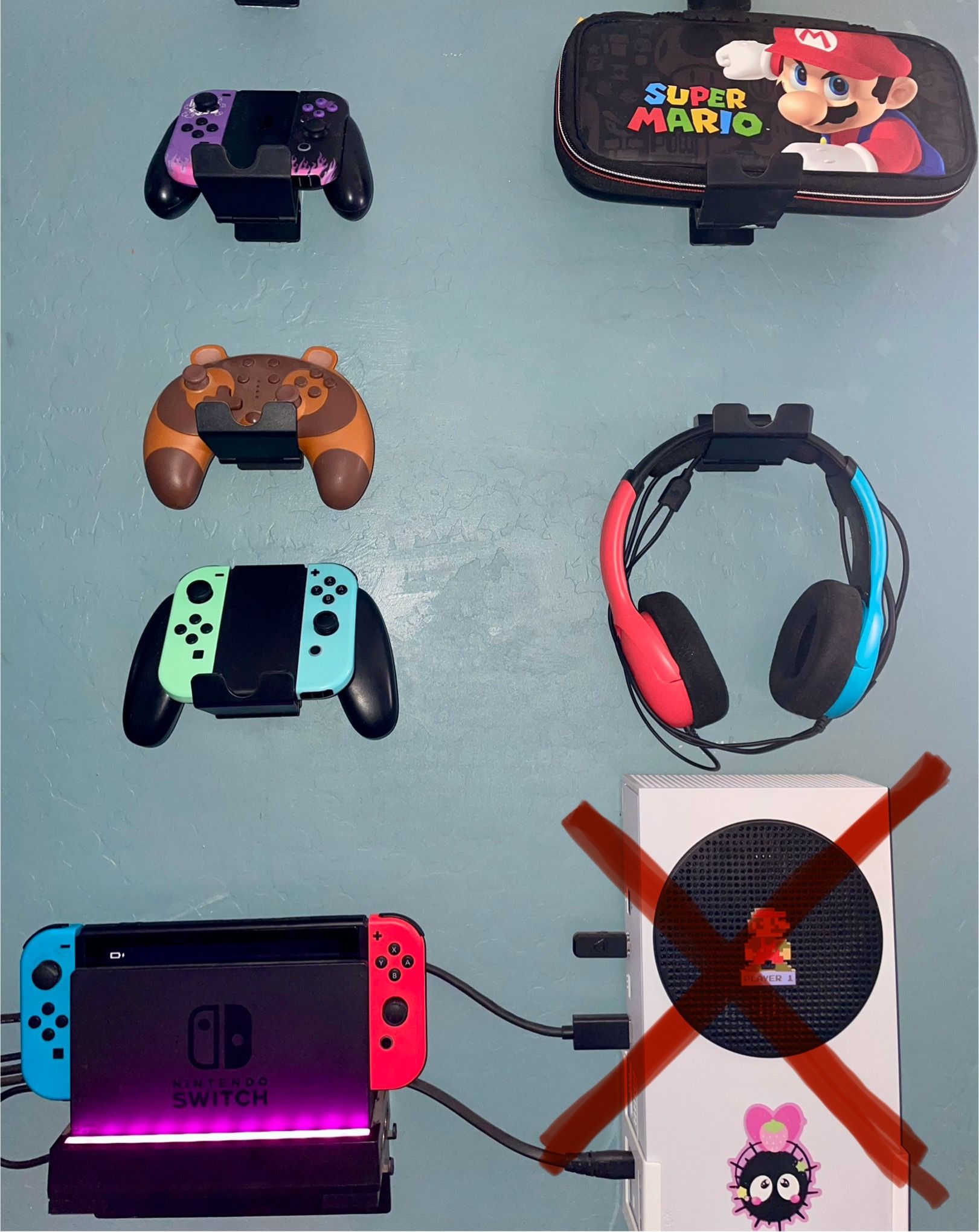 Nintendo Switch, 4 Controllers, 2 Games, 1 Headset, Mario Case, Charger And Light up Wall Mount