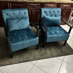 NEW Coewske Blue Velvet Modern Accent Chair Upholstered Armchair w/ Pillow Wood Frame