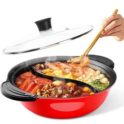 Hot Pot with Divider for Induction Cooker Dual Sided Soup Cookware Two-flavor Chinese Shabu Shabu Pot for Home Party Family Gathering, 4.5 Quart (Red)