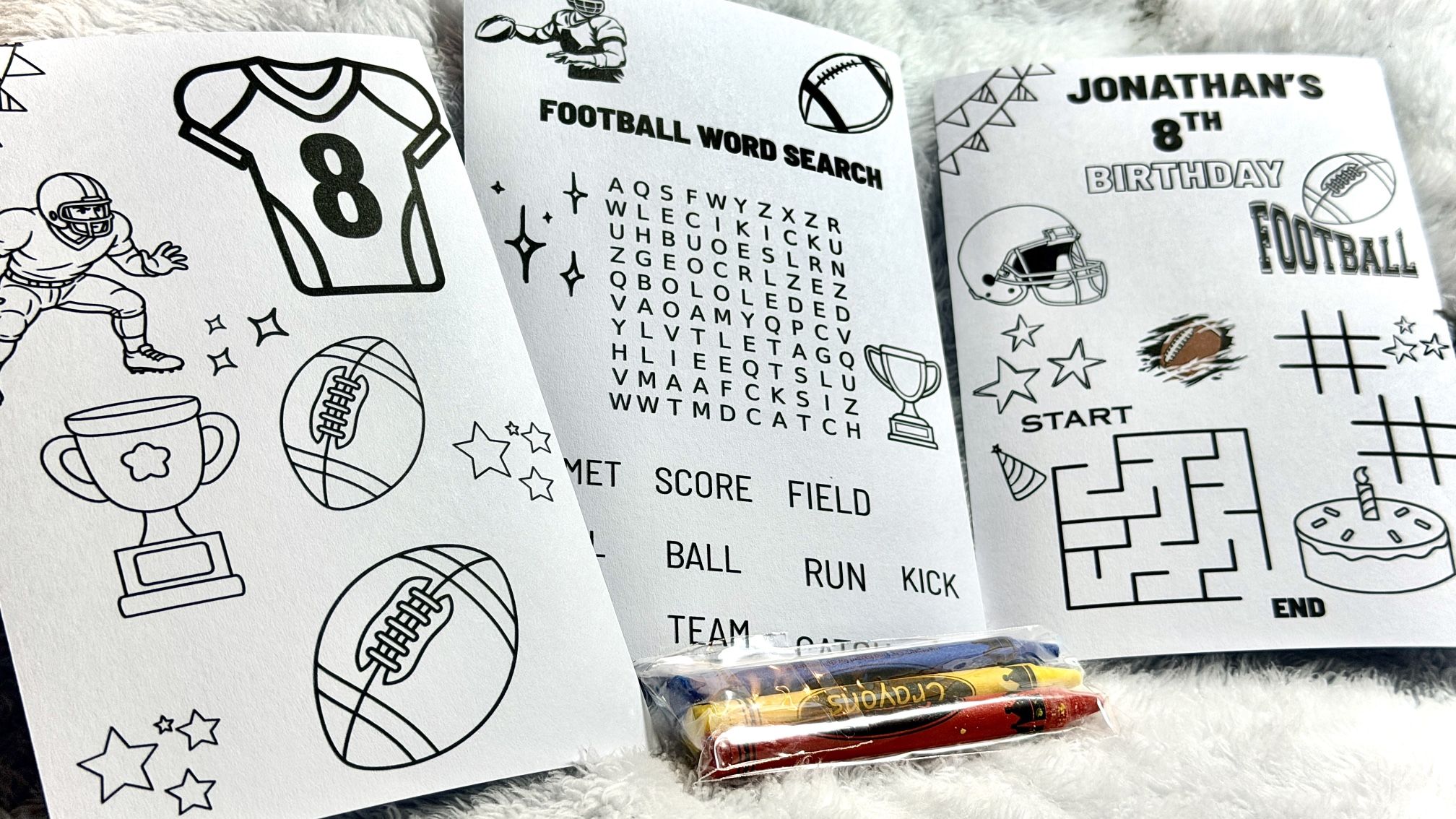Personalized Football Birthday Activity Kit – Custom Name & Age – 3 Sheets+ Crayons (4x6)BULK DEALS!!!