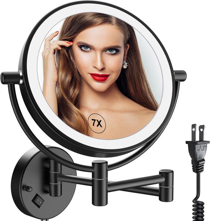 LED Wall Mounted Makeup Mirror 8 Inch Double Sided with 1X/7X Magnification Extendable Lighted Magnifying Vanity Mirror with Light 360° Swivel Mirror 