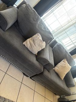 Gray Fabric Sofa with Nailhead Trim