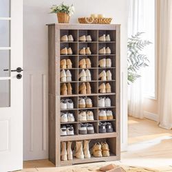Tall Shoe Cabinet, 9 Tier Shoe Storage Cabinet, Freestanding Wooden Shoe Cabinet Organizer with 24 Cubbies and 3 Hooks, for Entryway, Closet, Living R