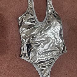 New large silver metallic bodysuit swimsuit onepiece rave festival space Costume