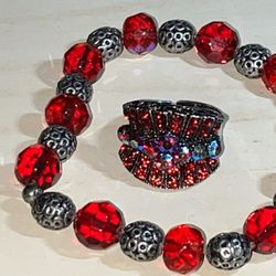 Costume jewelry beaded bracelet and adjustable ruby red ring