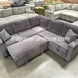 New! Dark Grey Sectional Sofa Bed, Sofabed, Sectional Aofa With Pull-out Bed, Corduroy Sectional, Sofas, Couch, Sleeper Sofa, Plush Sectional With USB