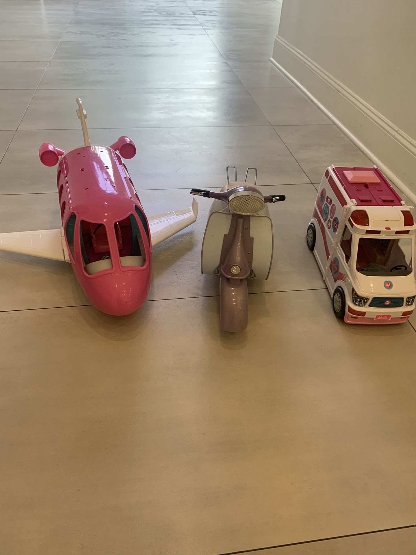 Barbie And American Girl Doll Airplane, Ambulance And Motorcycle / Scooter
