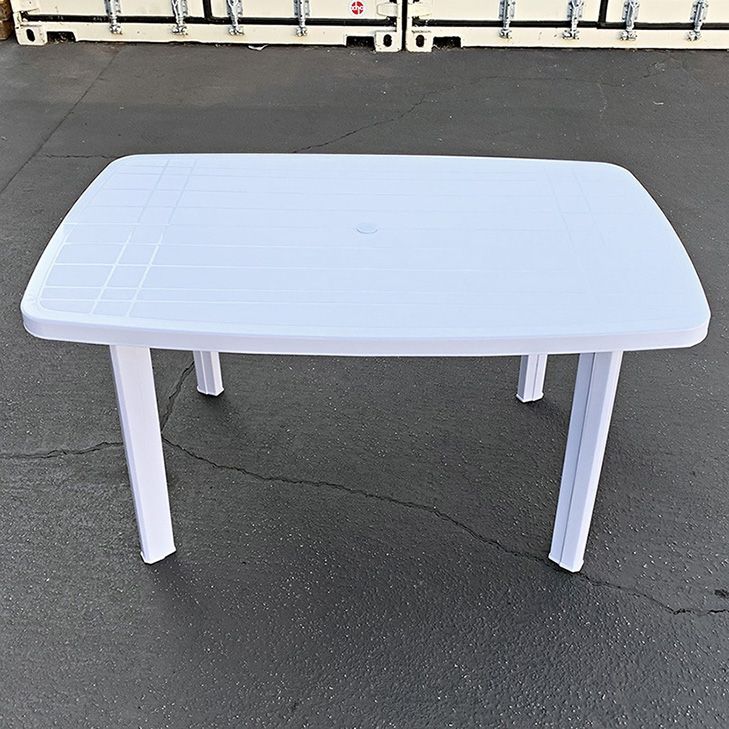 (NEW) $19 Plastic Table Outdoor Furniture with Hole for Patio Umbrella 54x33x28”