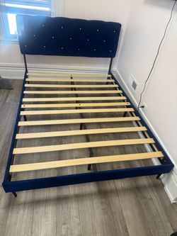 Navy Blue Velvet Upholstered Bed Frame with Headboard