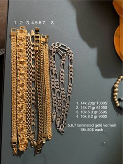 Gold bracelets 10k 14k 18k real & laminated vermeil Cuban, nugget, fox tail, figaro