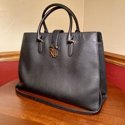 Ralph Lauren Large Black Leather Tote Purse W/Handles, Strap + Snap Closure