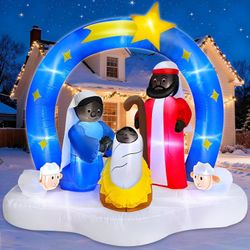 7 Ft Nativity Scene Inflatable Arch – Lighted Blow Up Black Holy Family with Sheeps – Starry Night Round Archway Outdoor Christmas Decoration for Yard
