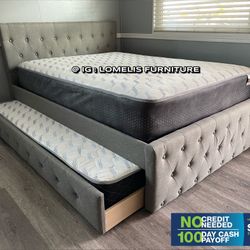 Full/Twin Light Gray Frenchi Tufted Trundle Beds W. Ortho Mattresses Included 