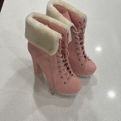 Pink Faux Fur Lined Lace Up Boots