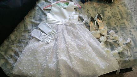 Flower girl dress,shoes,gloves and halo
