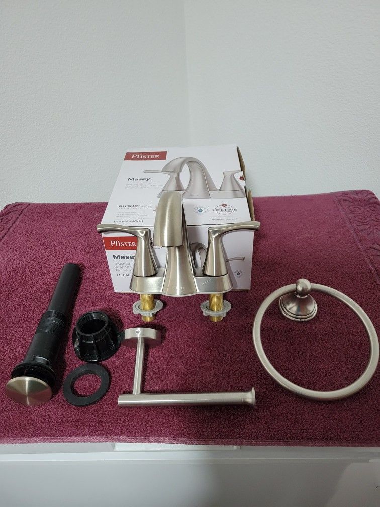 BRUSHED NICKEL PFISTER BATHROOM FAUCET WITH ACCESSORIES