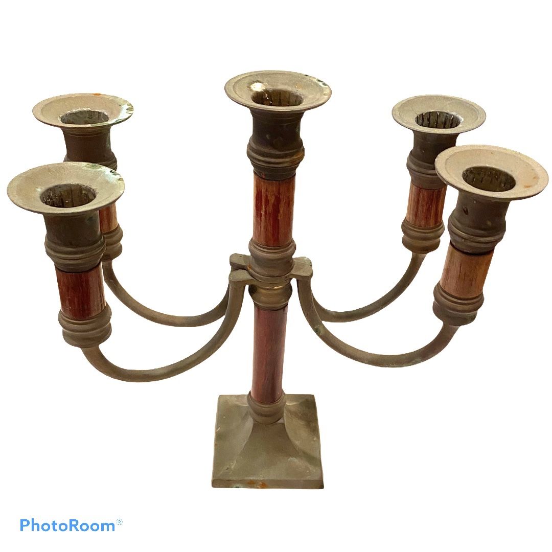 Vintage 10" Candelabra 5 Candle Stick Wood Brass