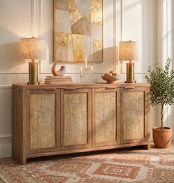 natural rattan panel doors. Spacious storage with adjustable shelves, sturdy top holds up to 110 lbs. Perfect as a buffet, credenza, entryway cabinet,