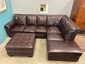 Pecan Colored Studded Leather L Sectional and Ottoman