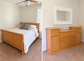 Full Size Wood Sleigh Bed + Dresser + Mattress & Box Spring