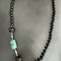 Vintage Sterling turquoise black nuummite beaded necklace In great condition  Approx 29” in length