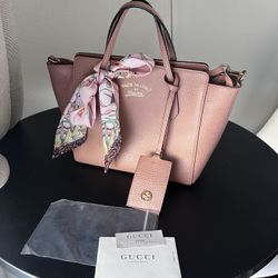auth GUCCI Mini Swing Tote Pink Grain Leather + Gucci Luggage Tag