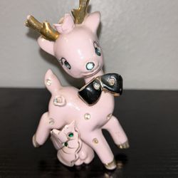 Vintage Rare 50s Pink Ceramic Rhinestone Doe Deer Figurine made in Japan 5”