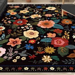8x10 Washable Area Rug Carpet Black Floral Brand New 