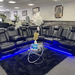 Black Leather Sofa Sectional w/ LED Lights 