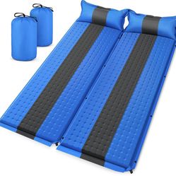 Sleeping Pad Camping Mat Inflatable: 2 Pack 2.0" Thick Self-Inflating Ultralight Camp Bed Lightweight Compact Air Mattress Built-in Pump with Pillow f