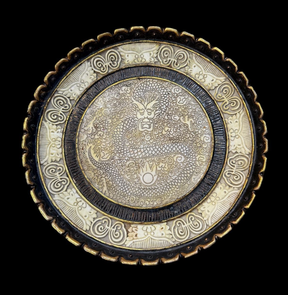 Natural Hetian Jade Carved Fengshui Dragon Loon Round Ottomon 16" Tray