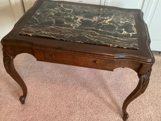 Antique Coffee / Accent Table Italian Black Marble Insert Solid Wood 2 Drawers 19.25” x 25.75” x 19”