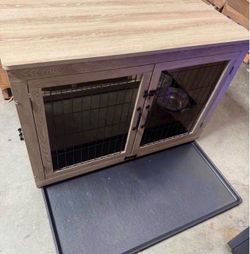 38 inch Dog Crate Furniture with 360°Rotatable Removable Dog Bowls, Dog Crate End Table with Tray, Double Doors Dog Kennels for Dogs