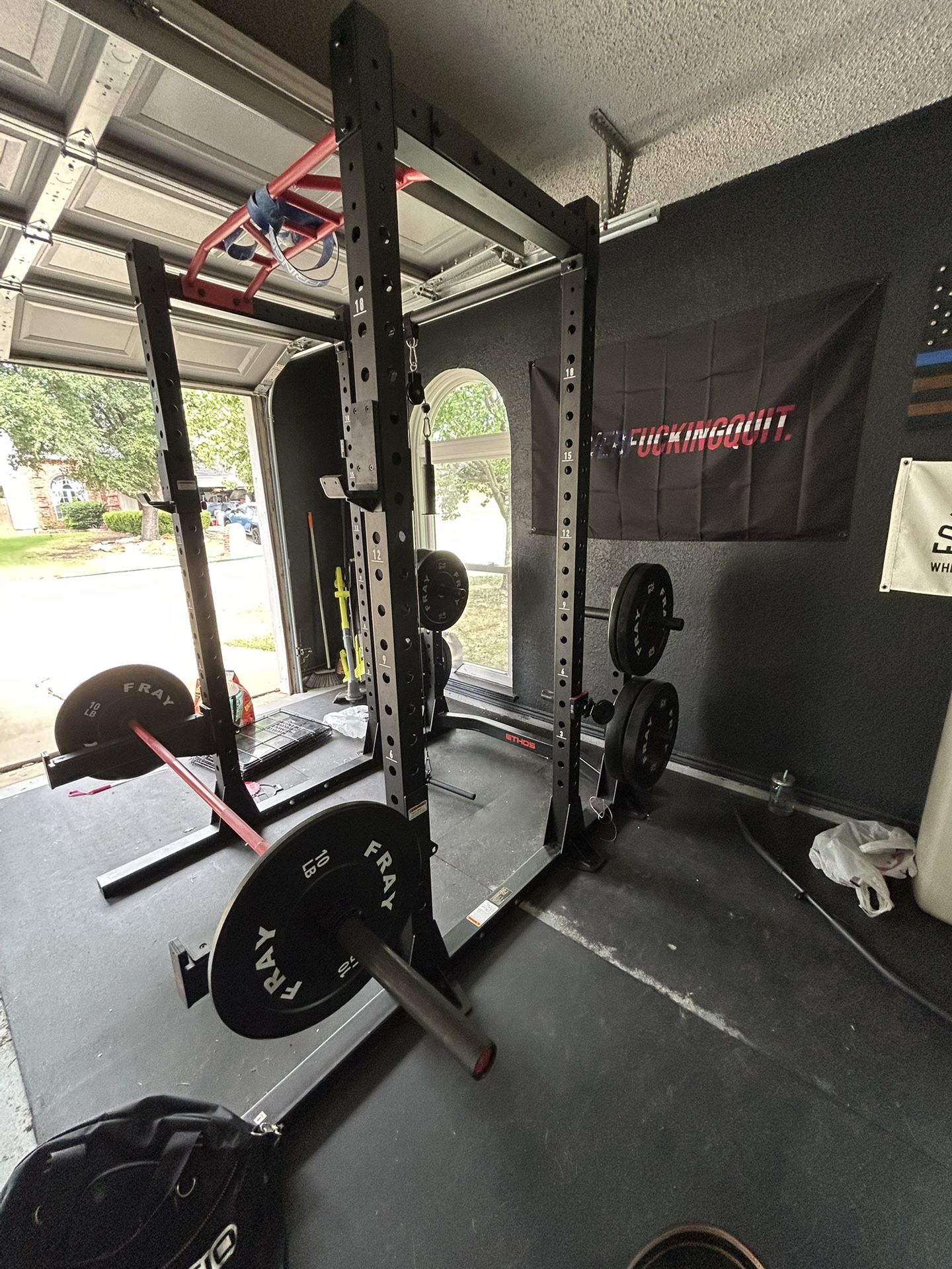 Squat Rack, Bumper Plates, Barbell