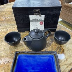 Zen Tea Set With Carved Box, Sand And Rake