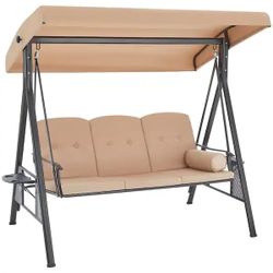 Outdoor Patio Swing Chair, 3-Seat Steel Frame Porch Swing, Convertible Canopy Bench Swing with Tray, Beige