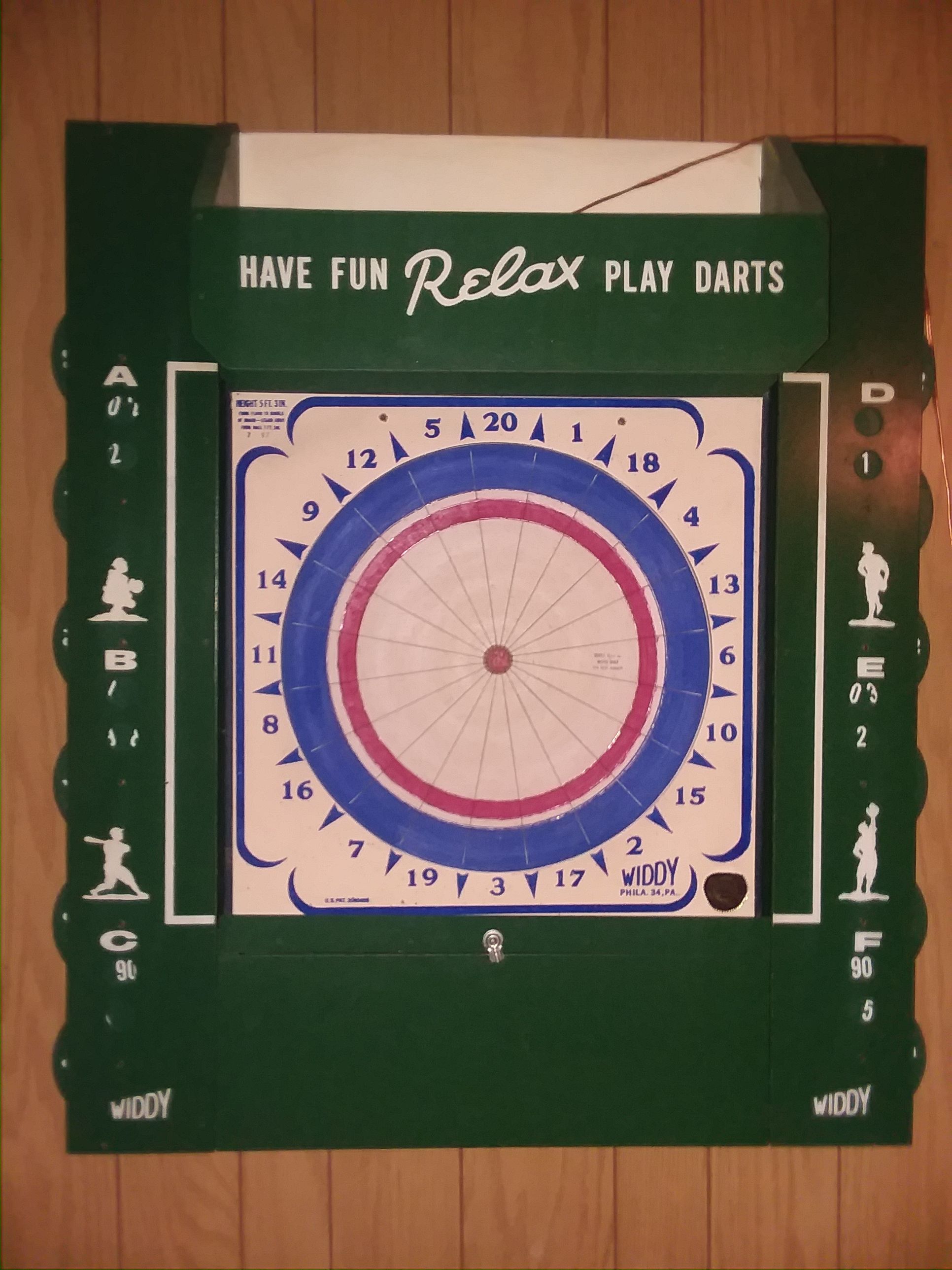 Man Cave Package / Geniune Widdy Paper Dart Board AND Cabinet W/Scoreboard & Light Set