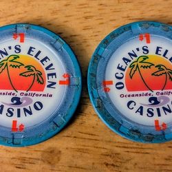 (2)  OCEAN'S  ELEVEN  CASINO $1  CHIPS,  OCEANSIDE  CALIFORNIA 