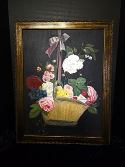 Vintage 1996 Framed Floral Still Life Basket Roses Painting Maryam Chahinian 21"×27"